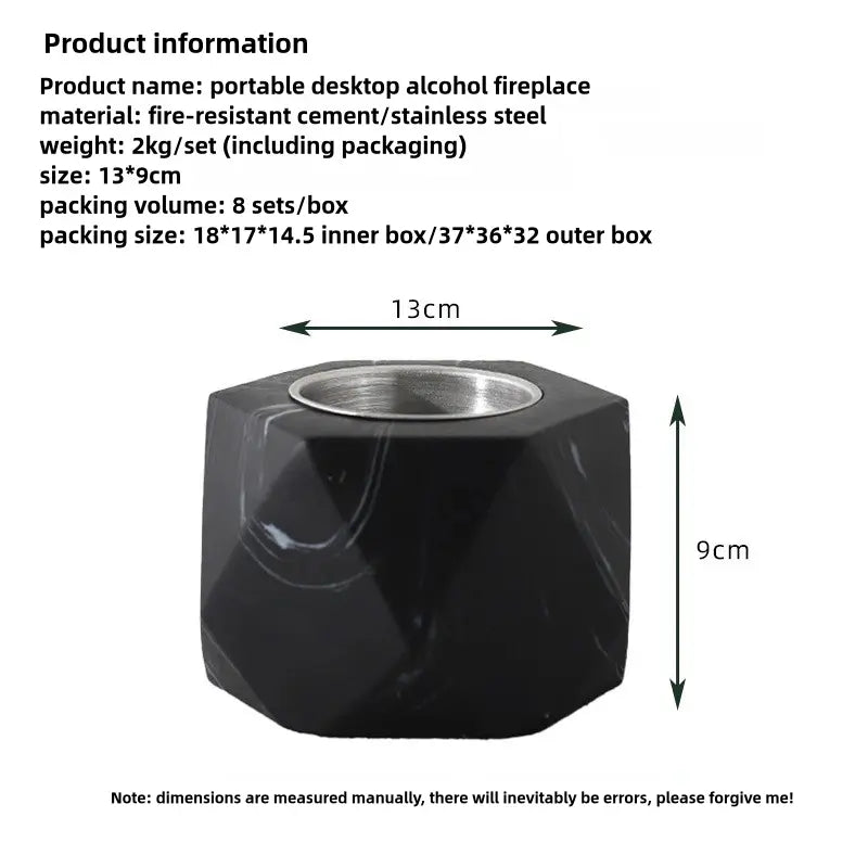Black portable desktop ialcohol fireplace with dimensions and packaging details on a white background