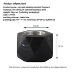 Black portable desktop ialcohol fireplace with dimensions and packaging details on a white background