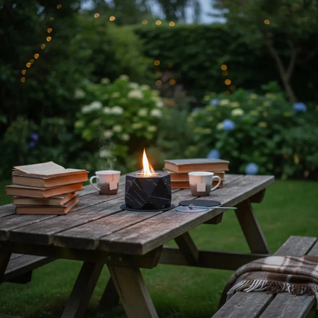 Outdoor setting with a wooden table, books, cups, and a lit fire place in a garden.