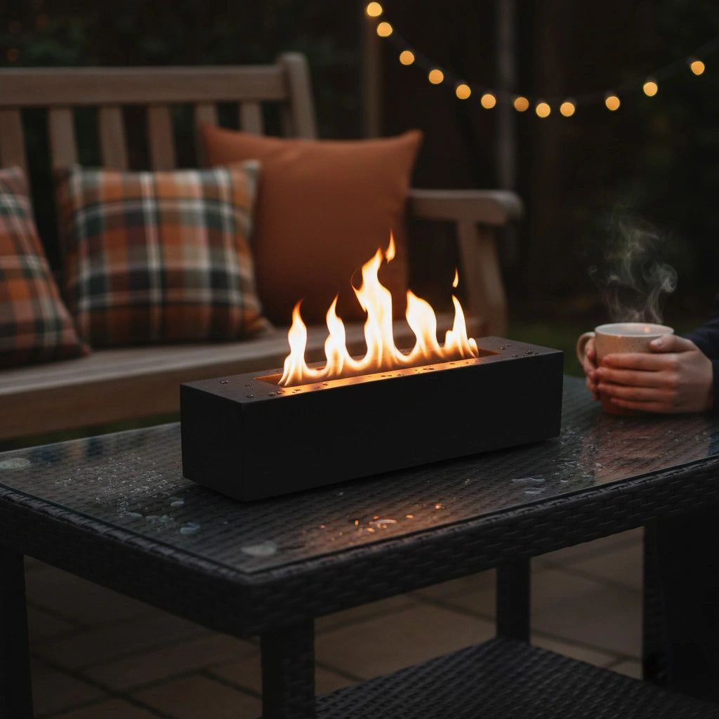 Outdoor setting with a fire pit table and a person holding a mug.