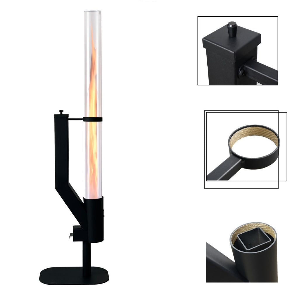 Black outdoor patio heater with close-up insets on a white background