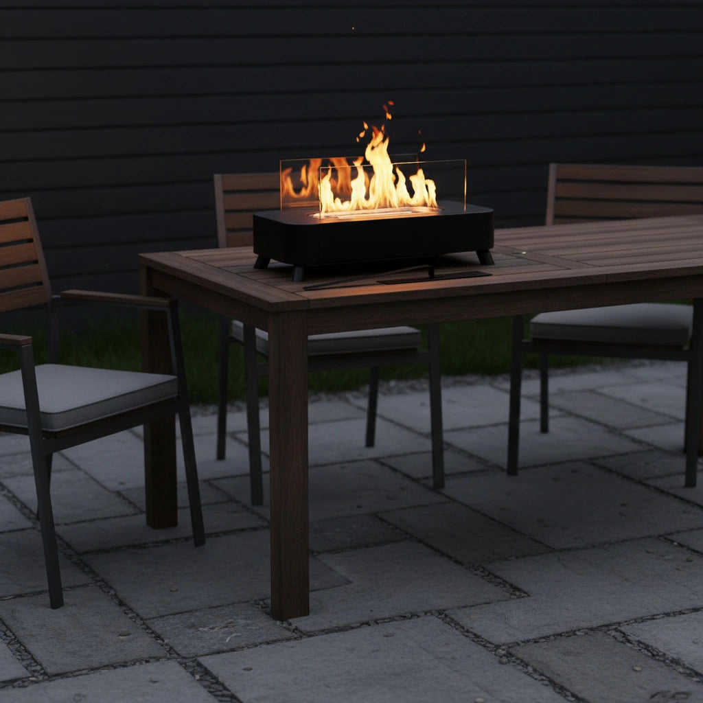 Apollo Tabletop Fireplace with flames on a patio area with chairs and cushions.