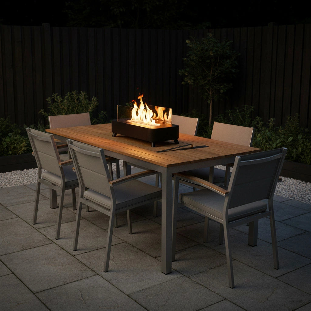 Outdoor dining table with chairs and Apollo Tabletop Fireplace in a garden setting at night.