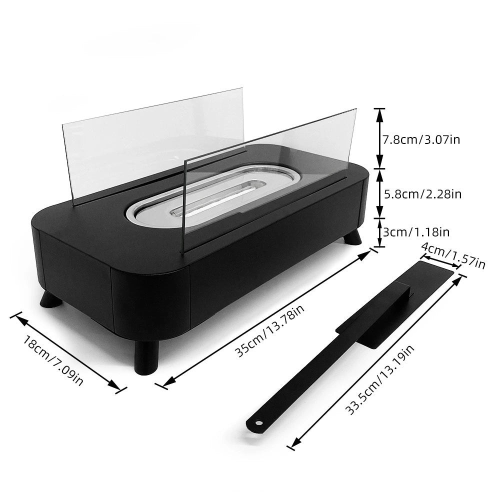 Apollo Tabletop Fireplace with transparent glass cover and dimensions displayed