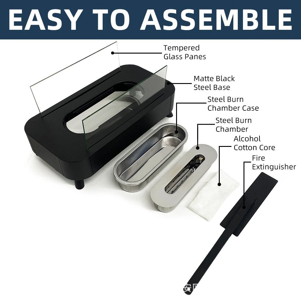 Diagram of a Apollo Tabletop Fireplace assembly with labeled parts on a white background