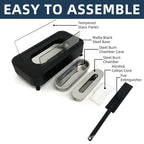 Diagram of a Apollo Tabletop Fireplace assembly with labeled parts on a white background