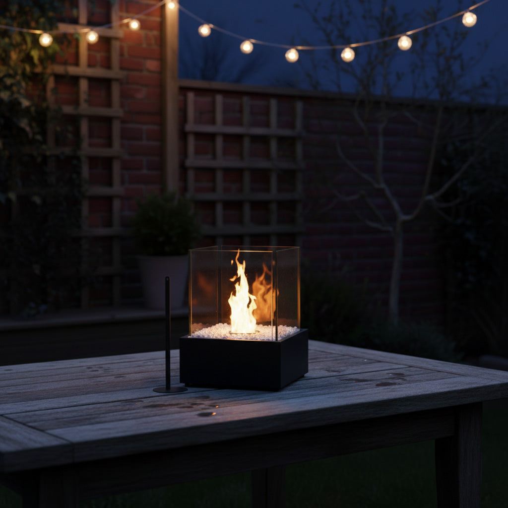 Fire pit on a wooden table with string lights in the background