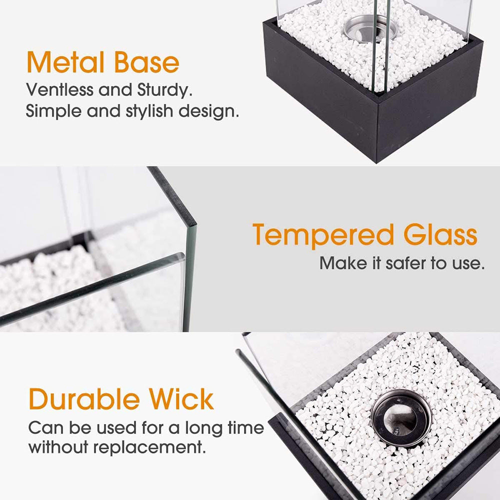 Athena Tabletop Fireplace with metal base, tempered glass, and durable wick on a white background