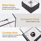 Athena Tabletop Fireplace with metal base, tempered glass, and durable wick on a white background