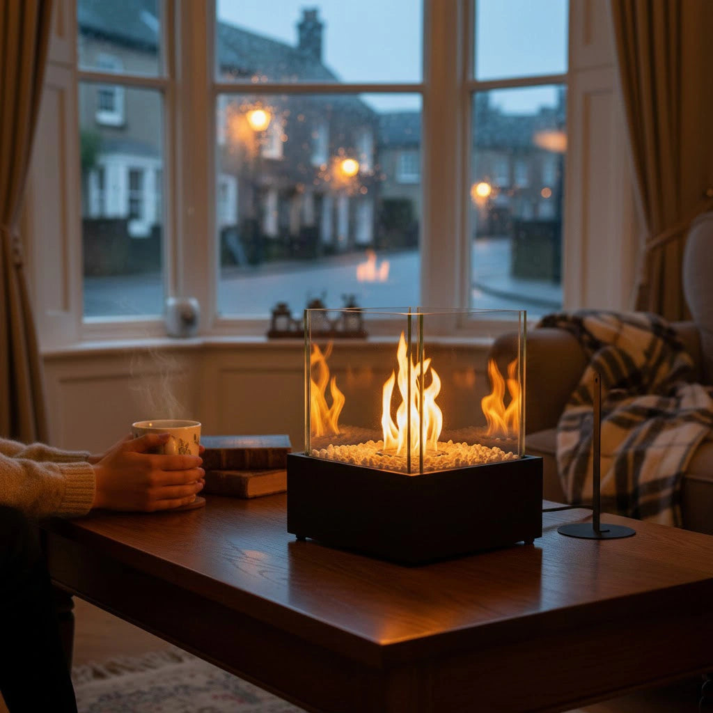 Person holding a mug by a table with a glass fire pit, cosy indoor setting