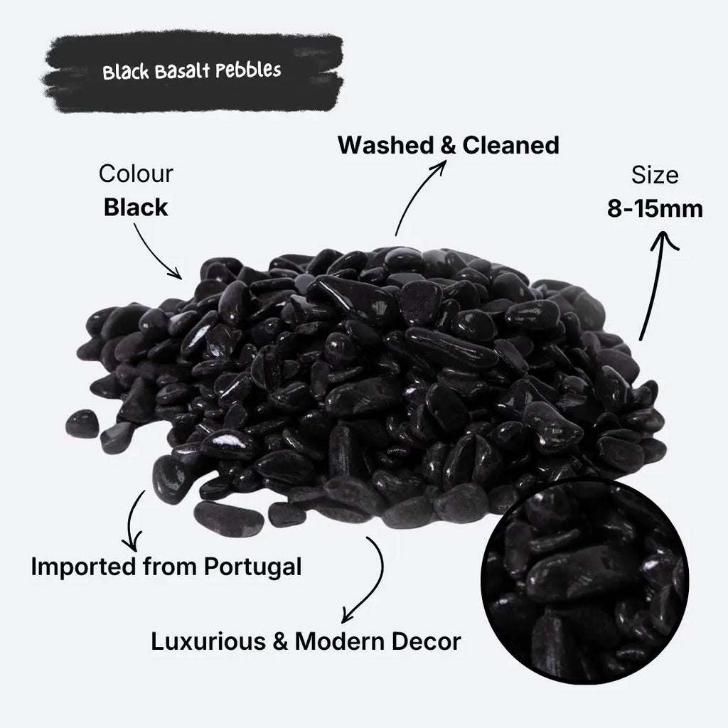Black basalt pebbles with product details on a white background