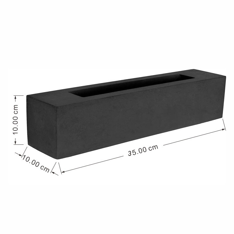 Rectangular concrete fire place with dimensions on a white background