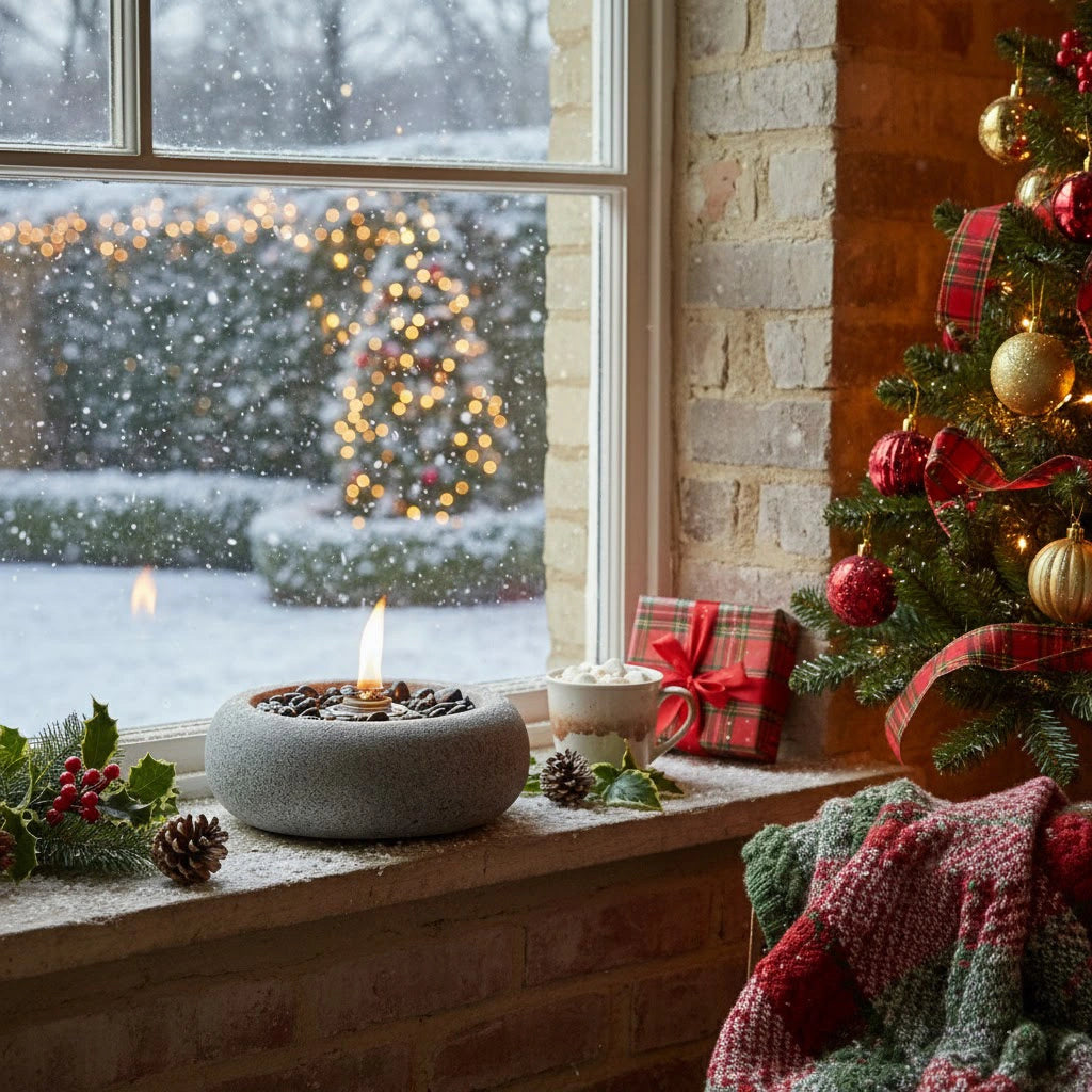 Cosy Christmas scene with a decorated tree, Gaia fire pit, and snowy outdoor view.