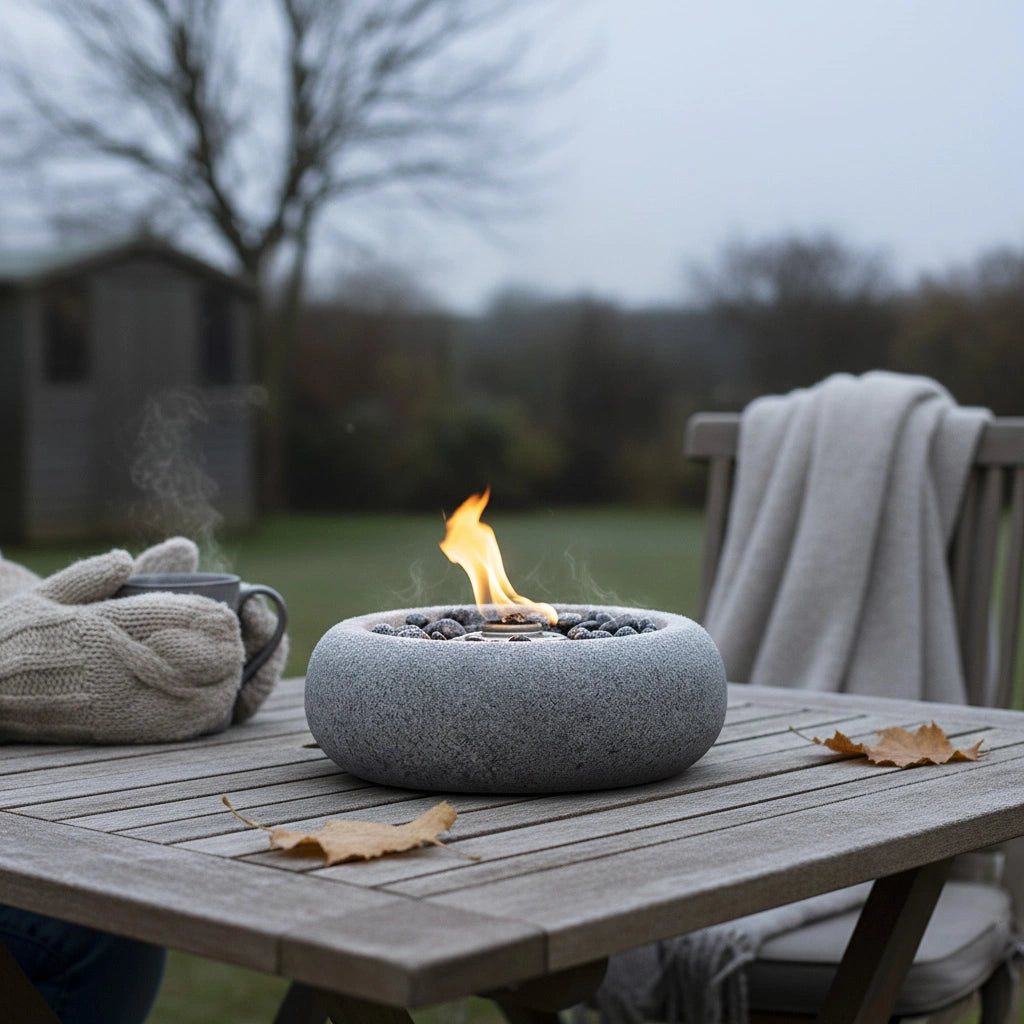 Outdoor setting with our gaia tabletop fireplace - a stone fire pit on a wooden table, surrounded by autumn leaves and a blanket.