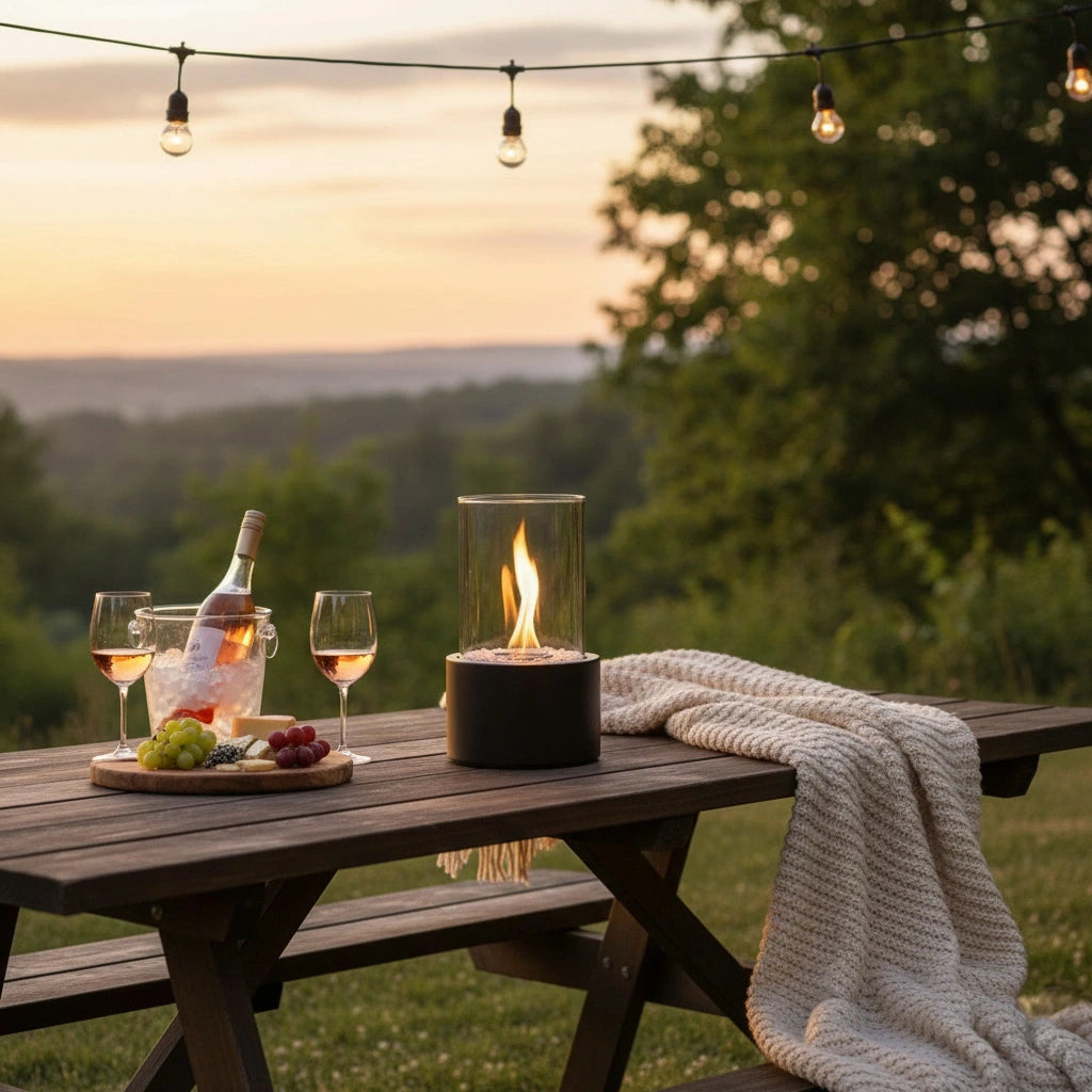 Outdoor setting with a helios tabletop fireplace on a wooden table with wine glasses, and a bottle surrounded by nature.
