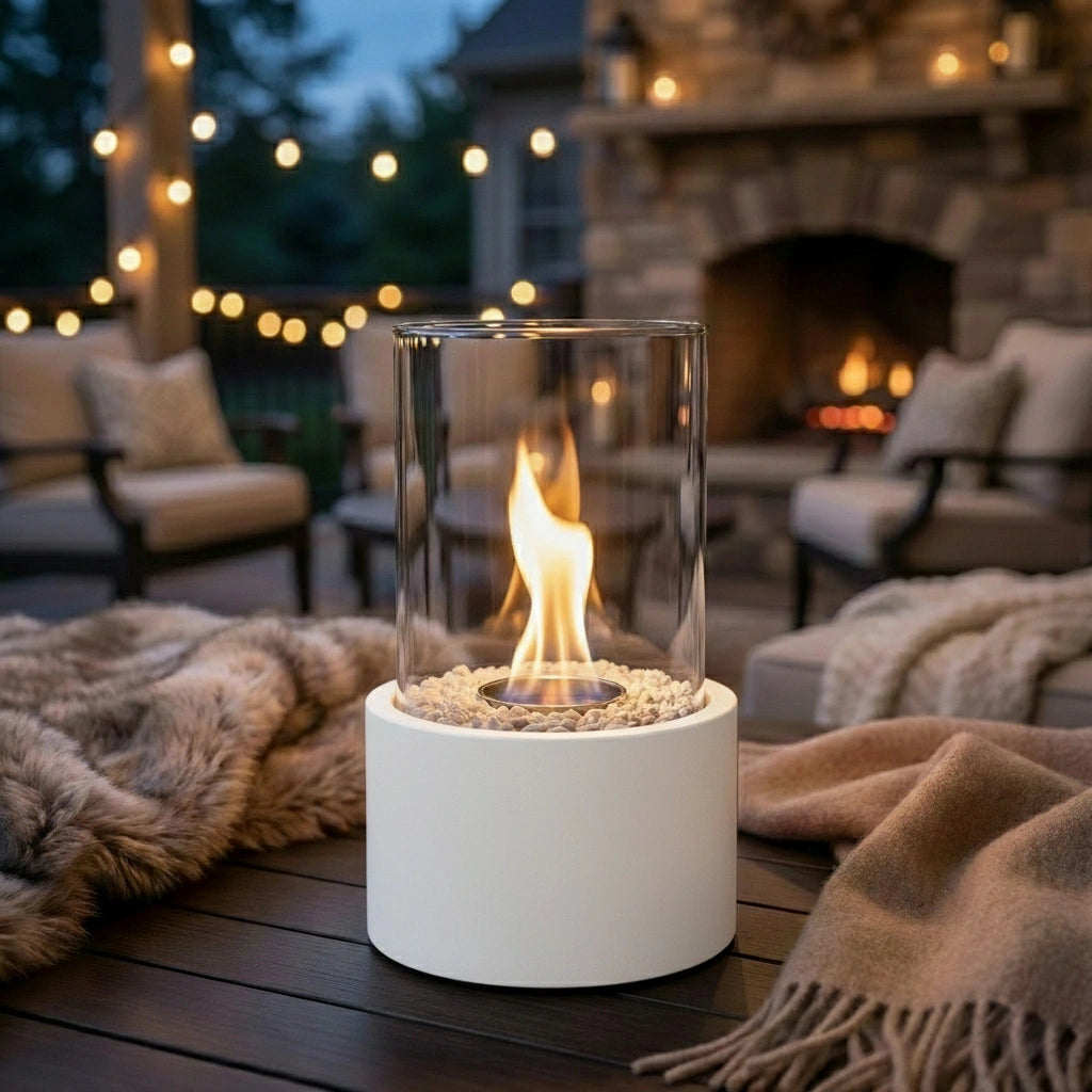 Outdoor patio setting with a fire pit table
