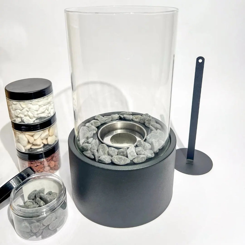 black basalt pebbles 8-15mm in the helios tabletop fireplace