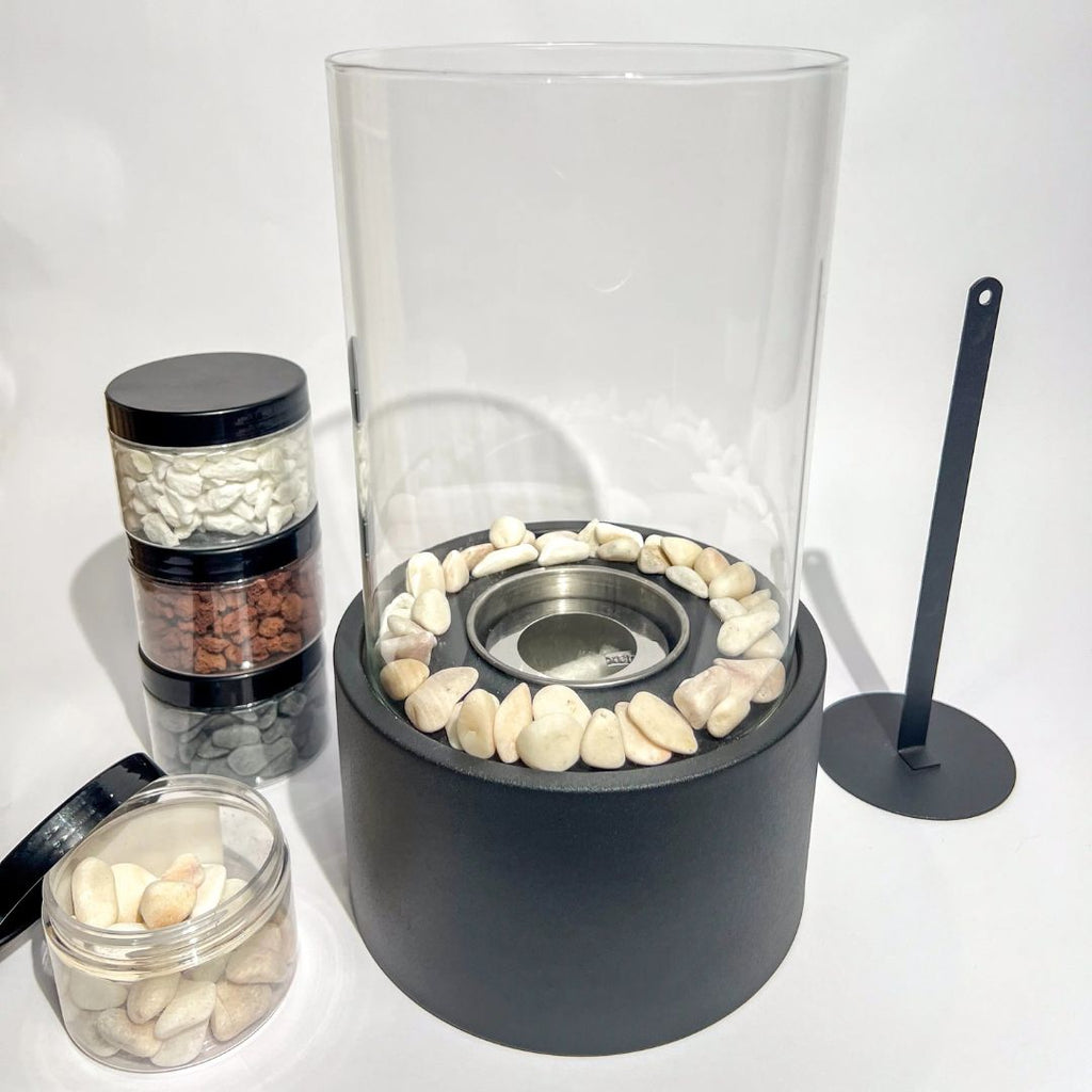 helios tabletop fireplace with pink panda rose sparkling pebbles