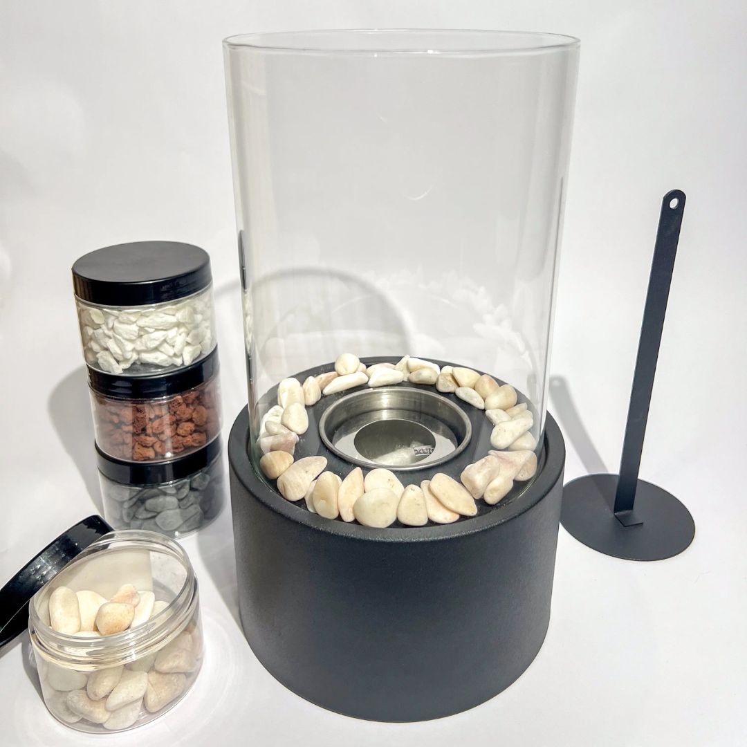 helios tabletop fireplace with pink panda rose sparkling pebbles