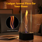 Hestia is a Tabletop fireplace with tornado flame design on a table, labeled as a unique accent piece for home.