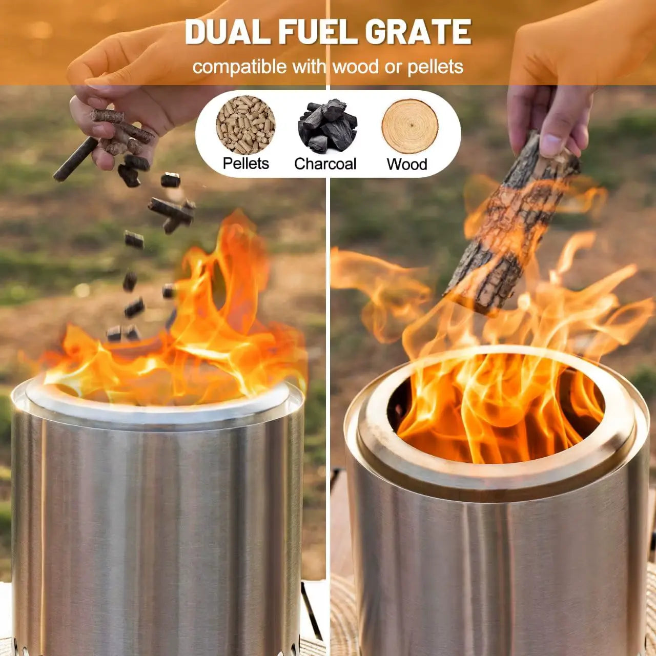 Vulcan Mini Fireplace - Dual fuel grate with flames and text indicating compatibility with wood, pellets, and charcoal.