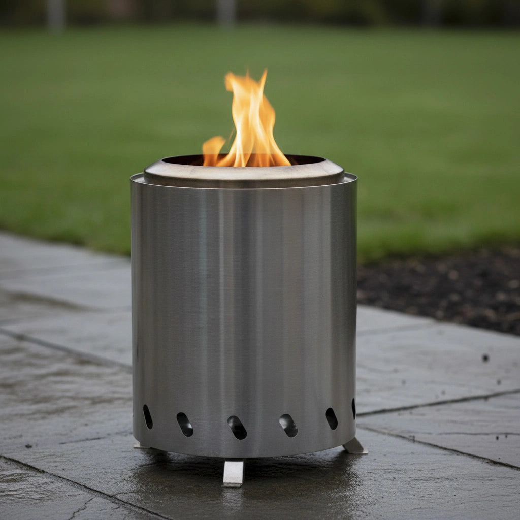 Vulcan Mini - Image shows Stainless steel outdoor fire pit with flames on a patio