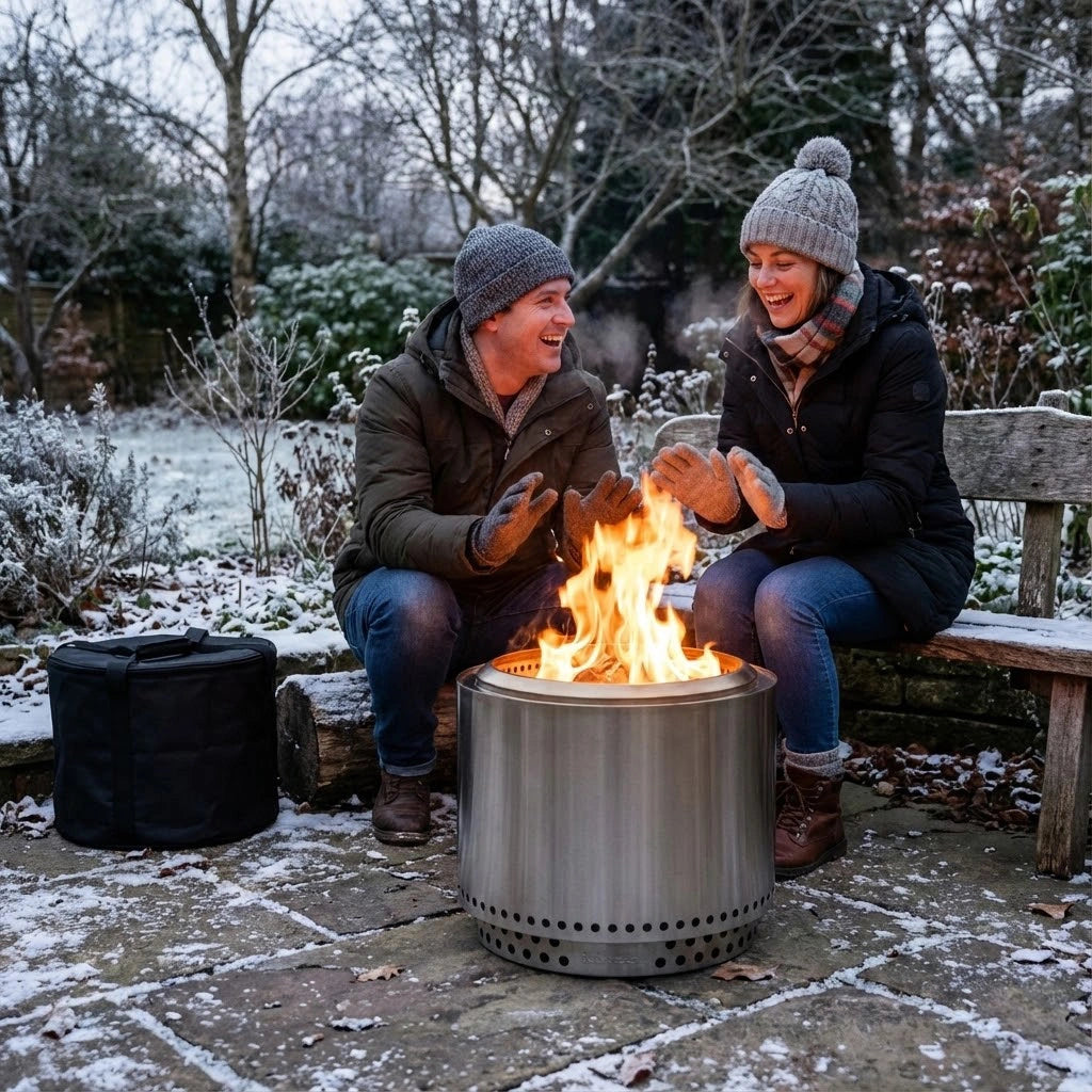 Two people sitting by vulcan fire pit in a snowy garden.