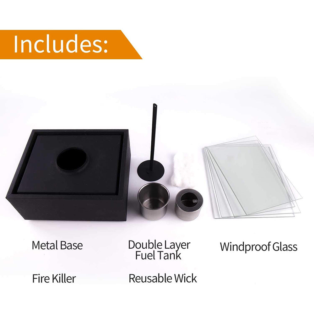 Athena Tabletop Fireplace set with metal base, double layer fuel tank, windproof glass, fire killer, and reusable wick on a white background.